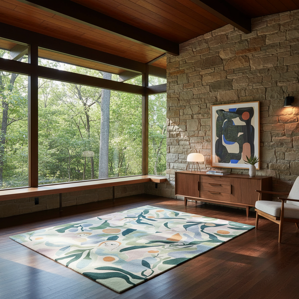A rectangular area rug with a botanical and abstract pattern in muted green, beige, cream, and orange tones, styled in a modern rustic living room with a stone wall, wood floors, and a wooden console table.