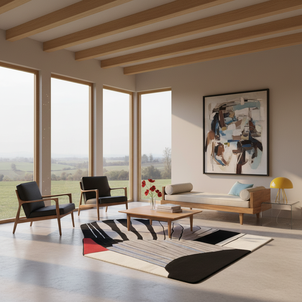 A modern living room interior with large floor-to-ceiling windows, exposed wood ceiling beams, a beige daybed, two black armchairs, a wooden coffee table, a black-and-white patterned rug, and a framed abstract painting on the wall.