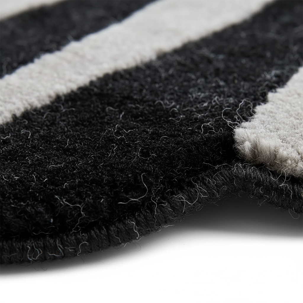 Close-up of a black and off-white striped textured rug, showing the thick pile and frayed edges against a white background.