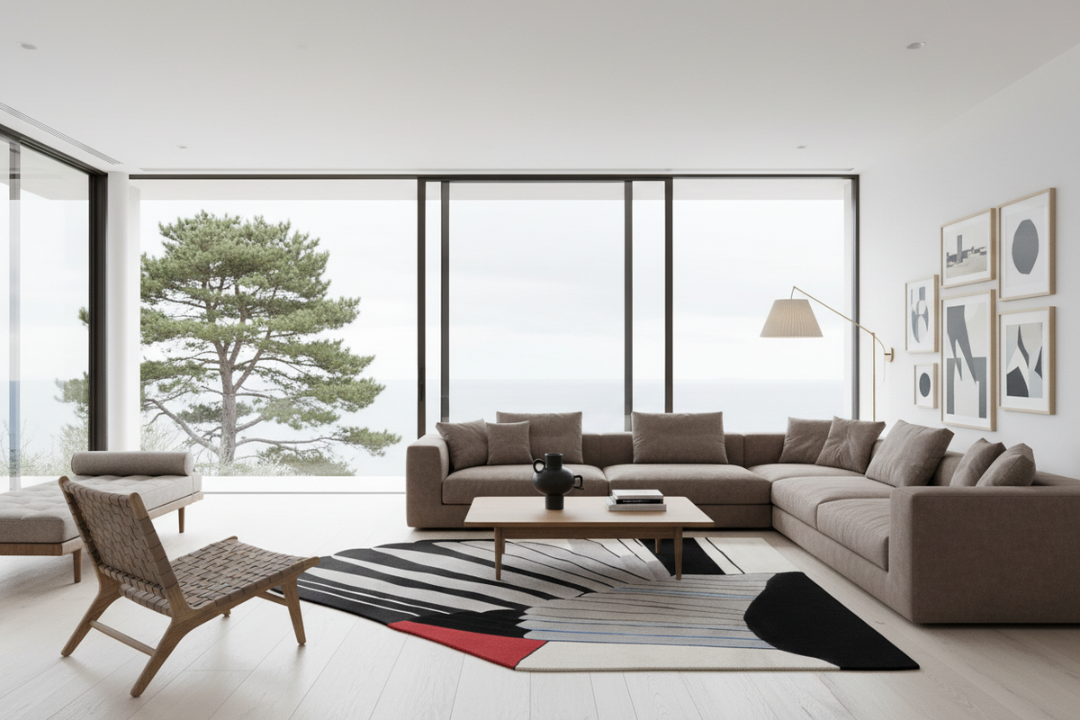 A modern living room featuring a large taupe-brown sectional sofa, a matching armchair, a low wooden coffee table, and a bold black, white, gray, and red abstract area rug. The room is styled with minimalist wall art, a floor lamp, and large floor-to-ceiling windows showcasing a tree and sea view.