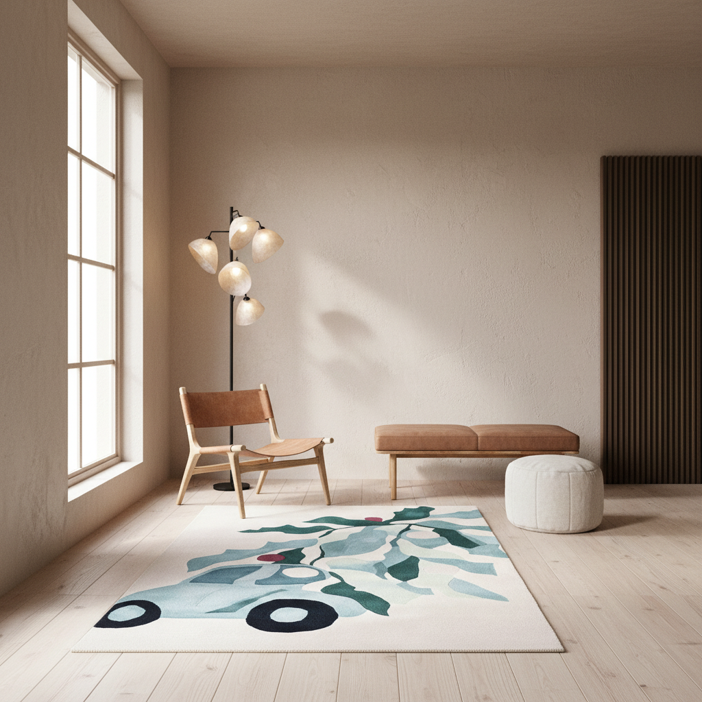 A modern living room scene featuring a rectangular area rug with an abstract botanical pattern in shades of teal, green, and black on a cream background. The room has light wood floors, a beige textured wall, a wooden chair, a floor lamp, a low wooden bench, and a white pouf.