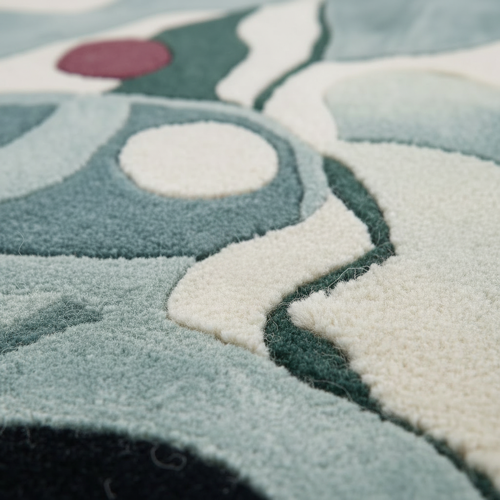 Close-up of a plush area rug with abstract organic shapes in pale blue, cream, dark green, and a small muted red accent.