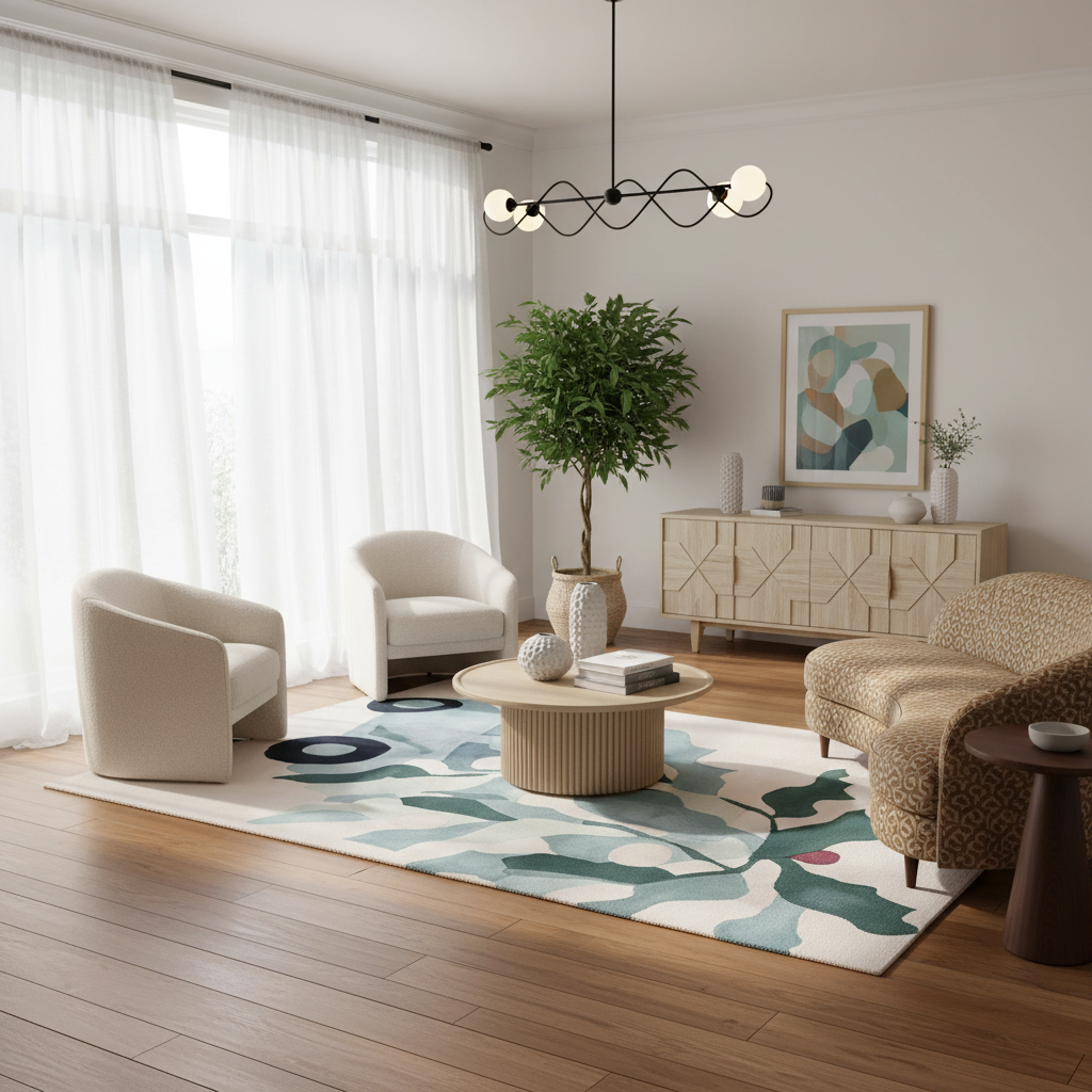 A styled living room interior with two cream armchairs, a patterned sofa, a round coffee table, a large abstract area rug, wood flooring, sheer white curtains, and a potted tree. No people or animals are present, and the scene appears to be a staged interior rather than a clean isolated product shot.