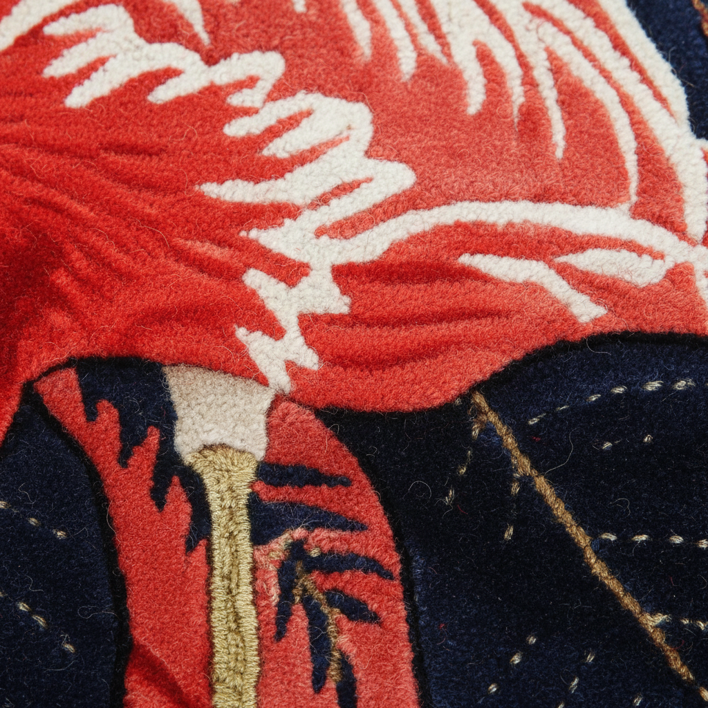 Close-up of a textured, raised-loop rug with a bold tropical design featuring red, navy blue, white, and beige palm leaves and stripes.