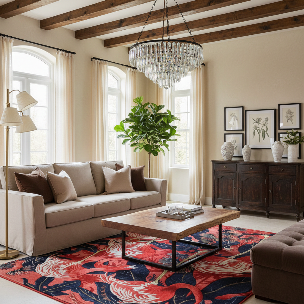 A styled living room interior featuring a beige sofa with brown and beige pillows, a wooden coffee table, a red and navy patterned rug, a dark wood sideboard, and a large crystal chandelier hanging from exposed wooden ceiling beams.