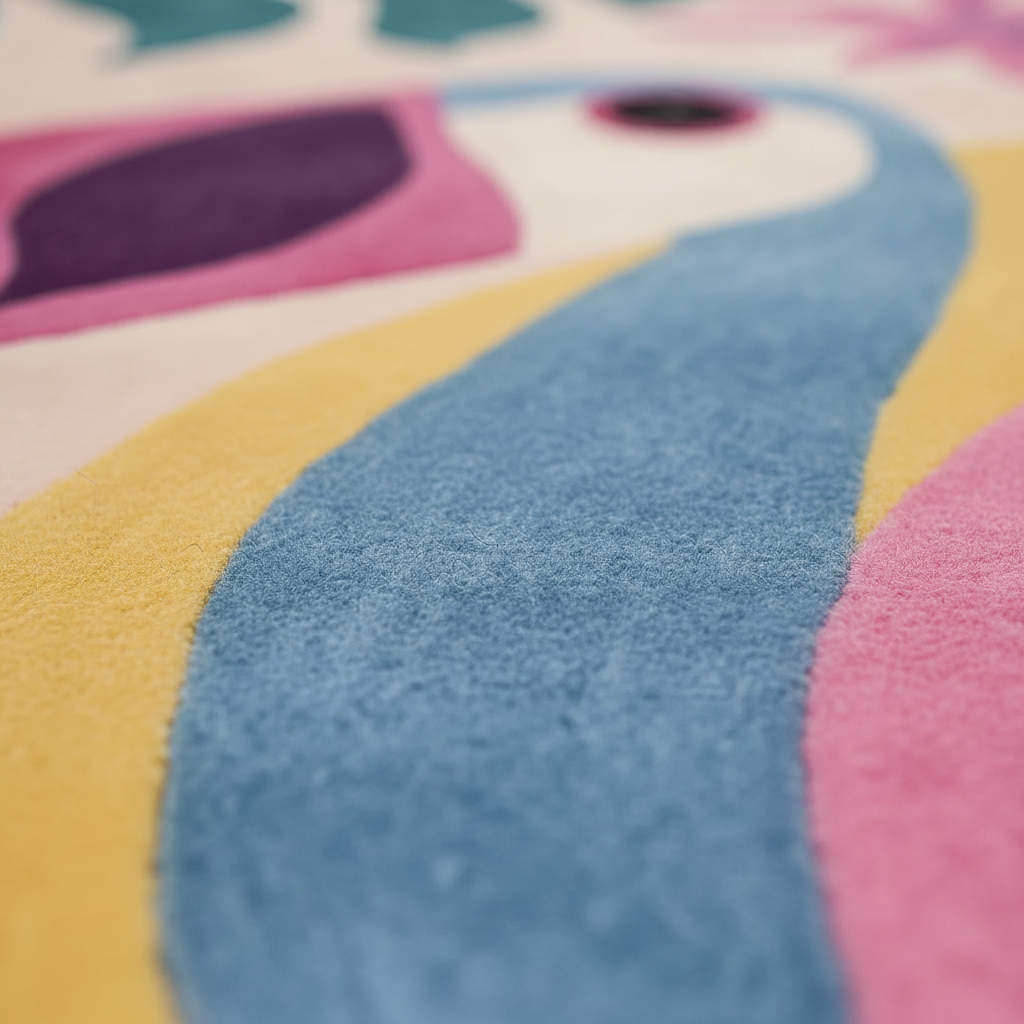 Close-up of a colorful plush rug with abstract curved shapes in blue, pink, yellow, purple, and cream.