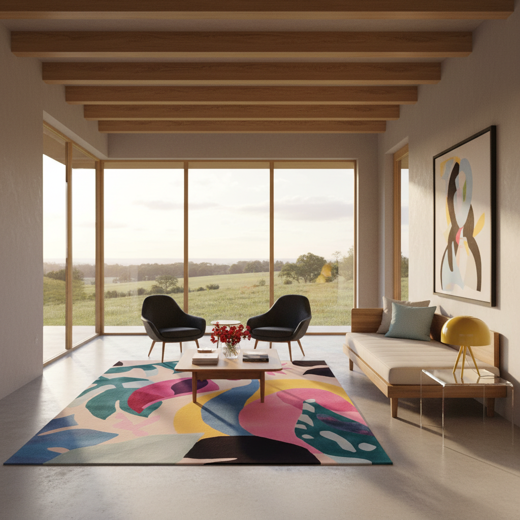 A large abstract area rug with colorful organic shapes in pink, teal, yellow, black, and blue is styled in a modern living room with a beige sofa, two black armchairs, a coffee table, and large windows overlooking a green field.