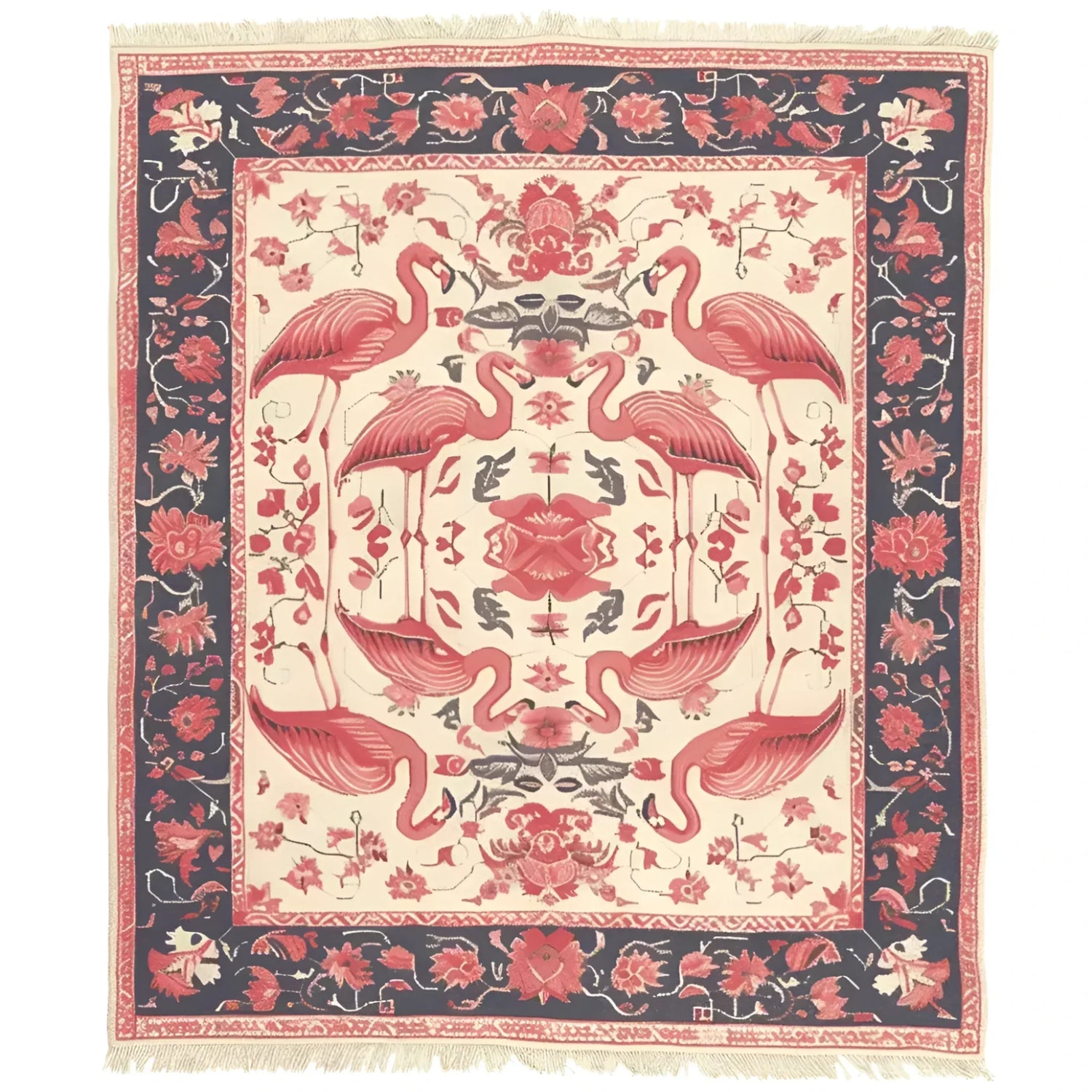 The Flamingo Reverie Hand Knotted Area Rug showcases an elegant vintage design featuring vibrant flamingos and floral patterns. Perfect for adding a touch of sophistication to your living room, this wool rug combines artistry and quality craftsmanship, making it an ideal choice for living room area rugs.