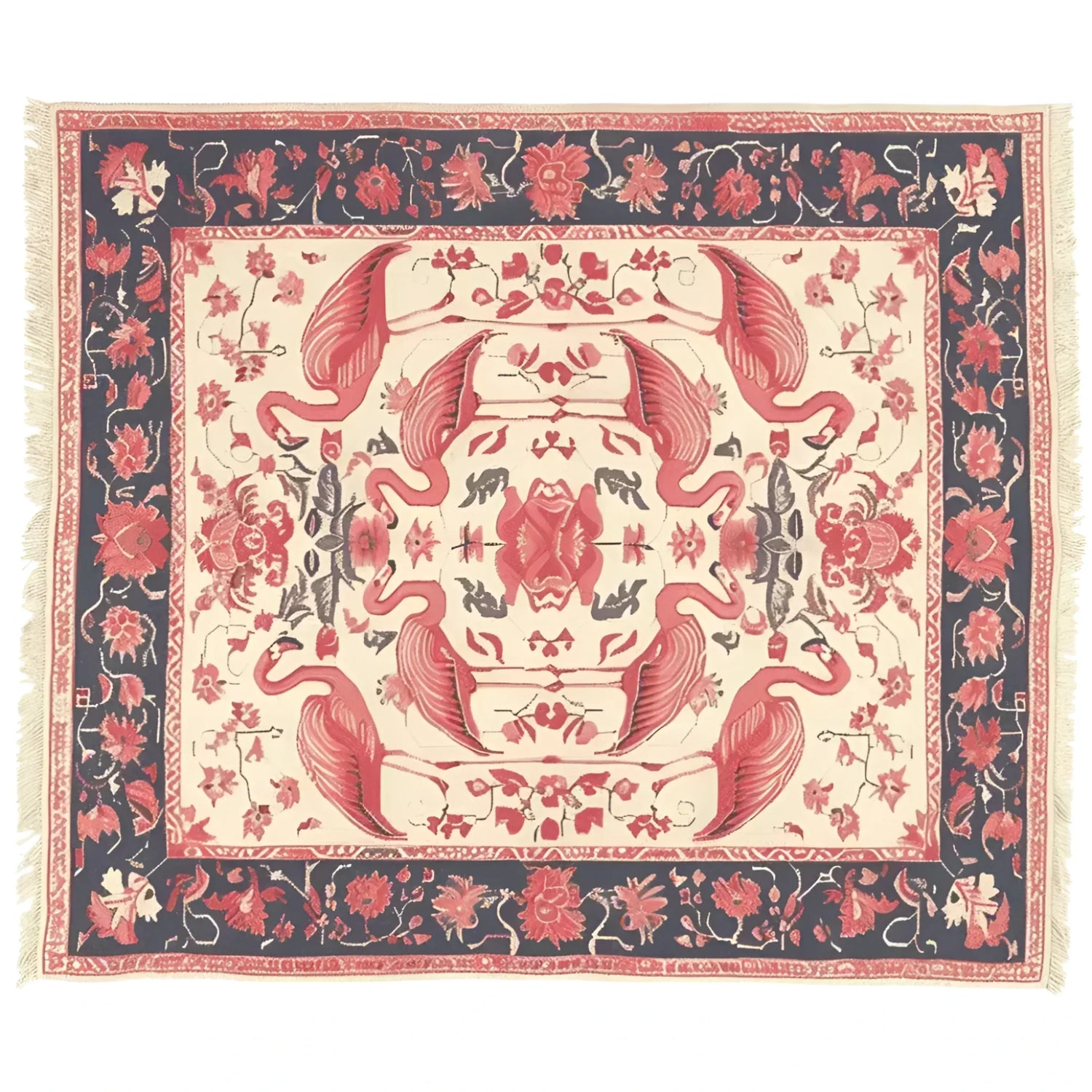 A beautifully designed Flamingo Reverie area rug, showcasing an intricate vintage pattern with elegant flamingos and floral motifs. Perfect for adding a touch of sophistication to your living room, this wool rug combines artistry and comfort, making it an ideal choice for living room area rugs.