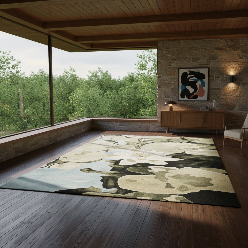 A large rectangular area rug with a modern abstract floral pattern in beige, cream, olive, and charcoal tones, displayed on a dark wood floor in a contemporary stone and glass room.