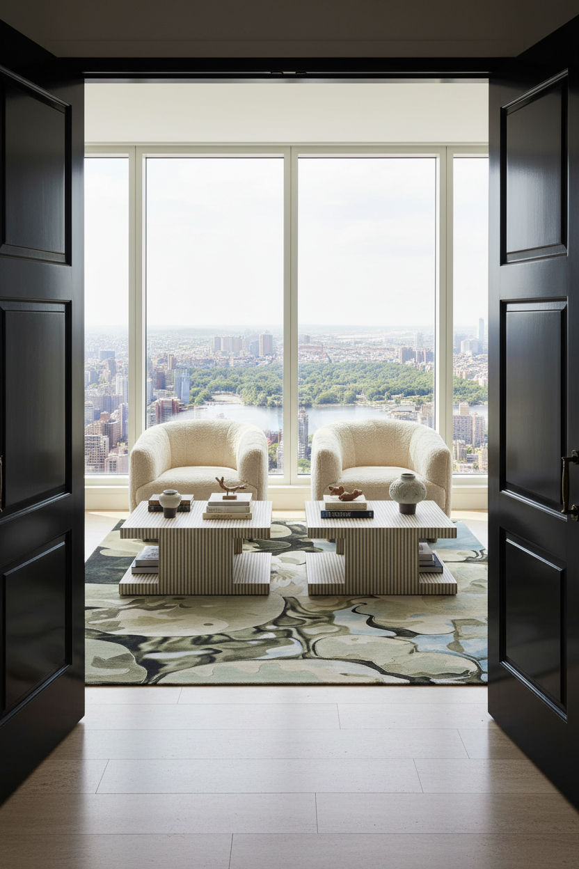 A luxury modern living room scene viewed through open black doors, featuring two cream armchairs, two ribbed rectangular coffee tables, and a patterned area rug overlooking a city skyline and park from large floor-to-ceiling windows.