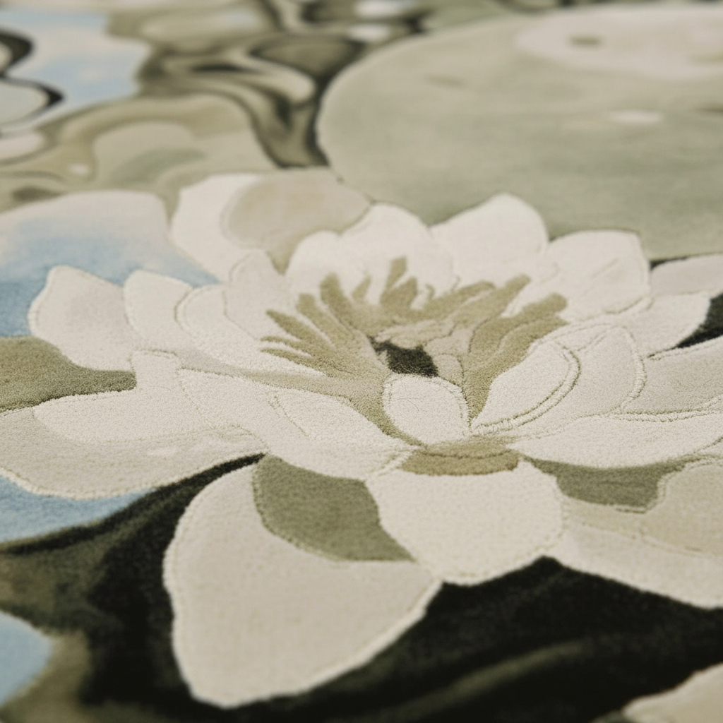 A close-up of a large white lotus flower with layered petals and muted green and black shading, set against a soft abstract background with pale blue and gray tones.