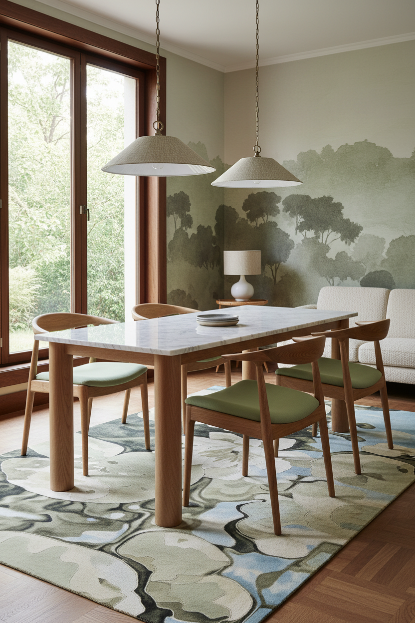 A dining room scene with a rectangular light marble-top table surrounded by six mid-century style chairs with green upholstered seats. The furniture sits on a large abstract area rug in a wood floor room, with a window, pendant lights, and a wall mural in the background.