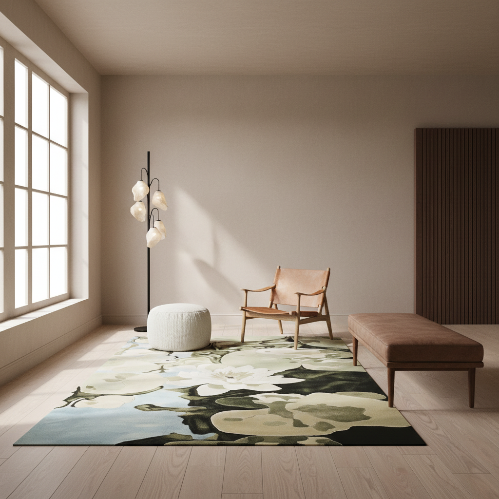 A large area rug with a botanical floral pattern in sage green, cream, and dark charcoal tones, styled in a modern minimalist living room with a wooden chair, ottoman, and bench.