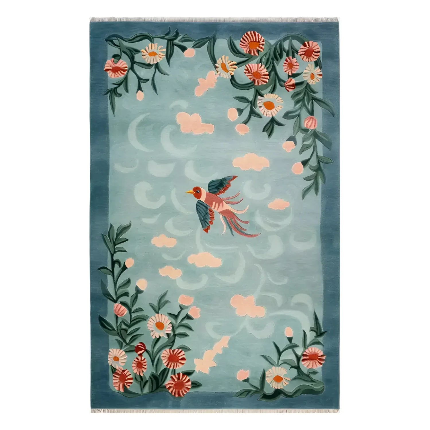 The Floral Breeze Knotted Wool Rug is a stunning area rug featuring vibrant floral designs and a colorful bird motif, ideal for adding a touch of elegance to living room spaces. The intricate patterns and quality wool material make it a standout piece among living room area rugs.