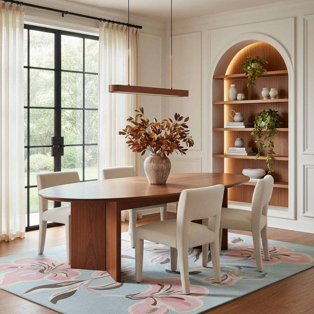 A modern dining room featuring a round wooden dining table with four cream upholstered chairs, set on a light blue floral area rug. The room has warm beige walls, a built-in wooden shelving unit with plants and decorative items, and a large window with sheer curtains.
