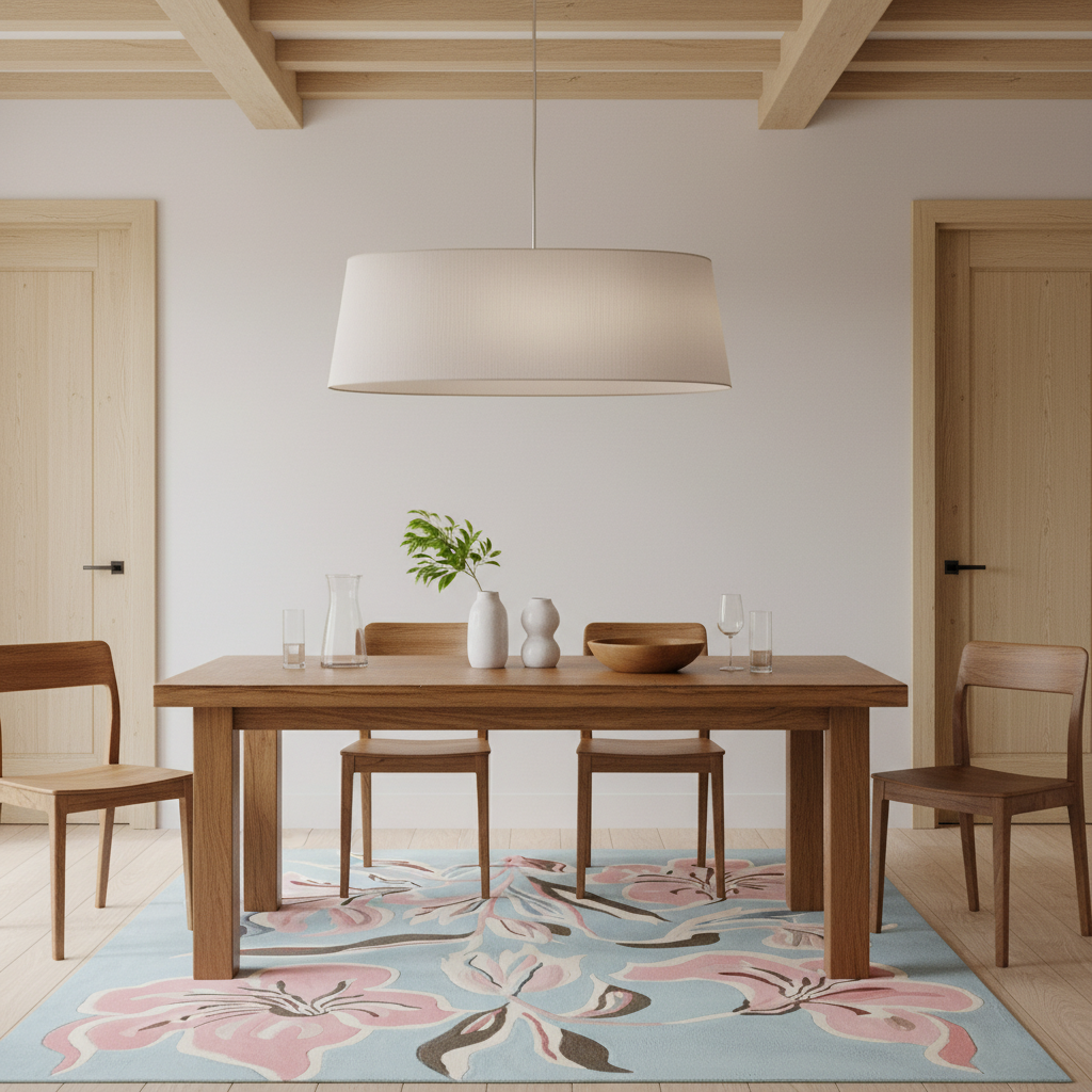 A modern dining room scene featuring a rectangular wooden dining table, four matching wooden chairs, a large white drum pendant light, and a light blue rug with a pink floral pattern. The room has light wood ceiling beams and doors, creating a warm, minimalist aesthetic.