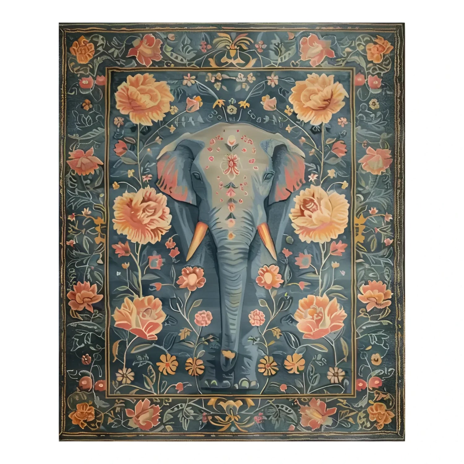 Elegant Floral Elephant Wool Hand Knotted Area Rug featuring a majestic elephant surrounded by intricate floral patterns. Perfect for adding a touch of sophistication to your living room, this rug combines the charm of Persian rugs with modern design, making it an ideal choice for area rugs for living room spaces.