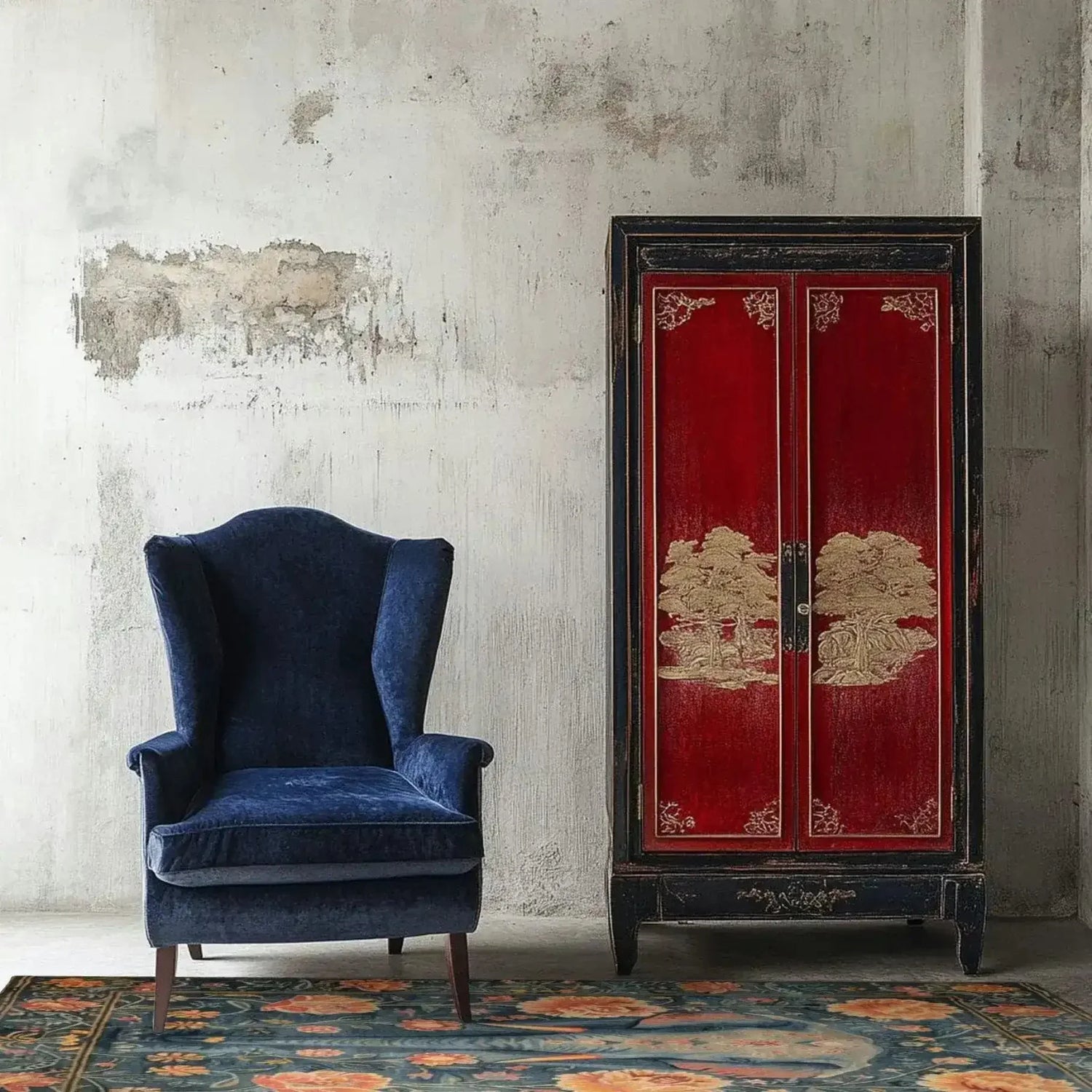 A beautifully designed Floral Elephant Wool Hand Knotted Area Rug is showcased in a stylish living room setting. The floral rug features vibrant colors and intricate patterns, perfect for adding a touch of elegance to any space. Positioned in front of a blue armchair and a vintage red cabinet, this Persian-inspired area rug enhances the room's aesthetic, making it an ideal choice for those seeking unique rugs for living room decor.