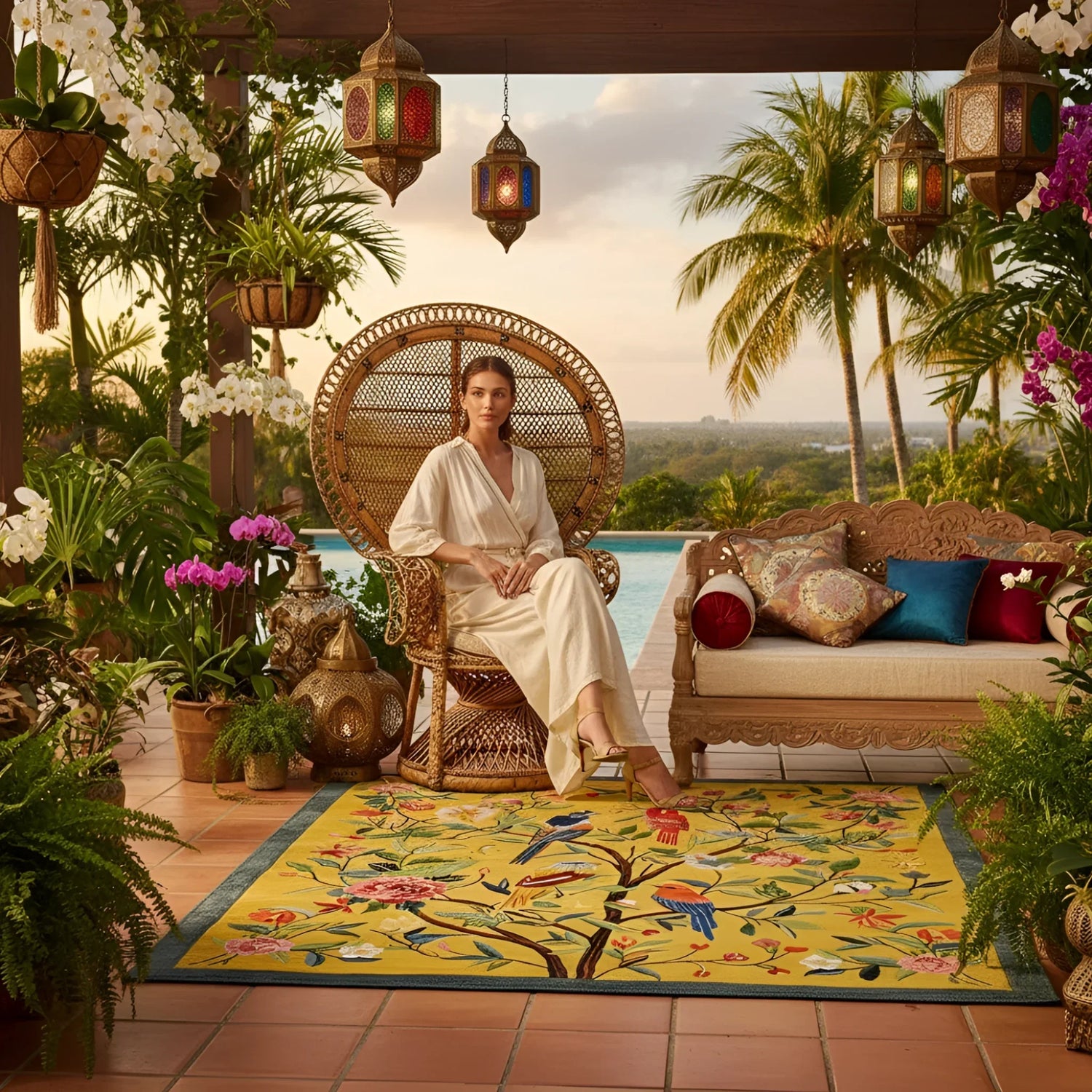 Woman sitting in a decorative chair on a floral rug, a patio with plants and a pool in the background
