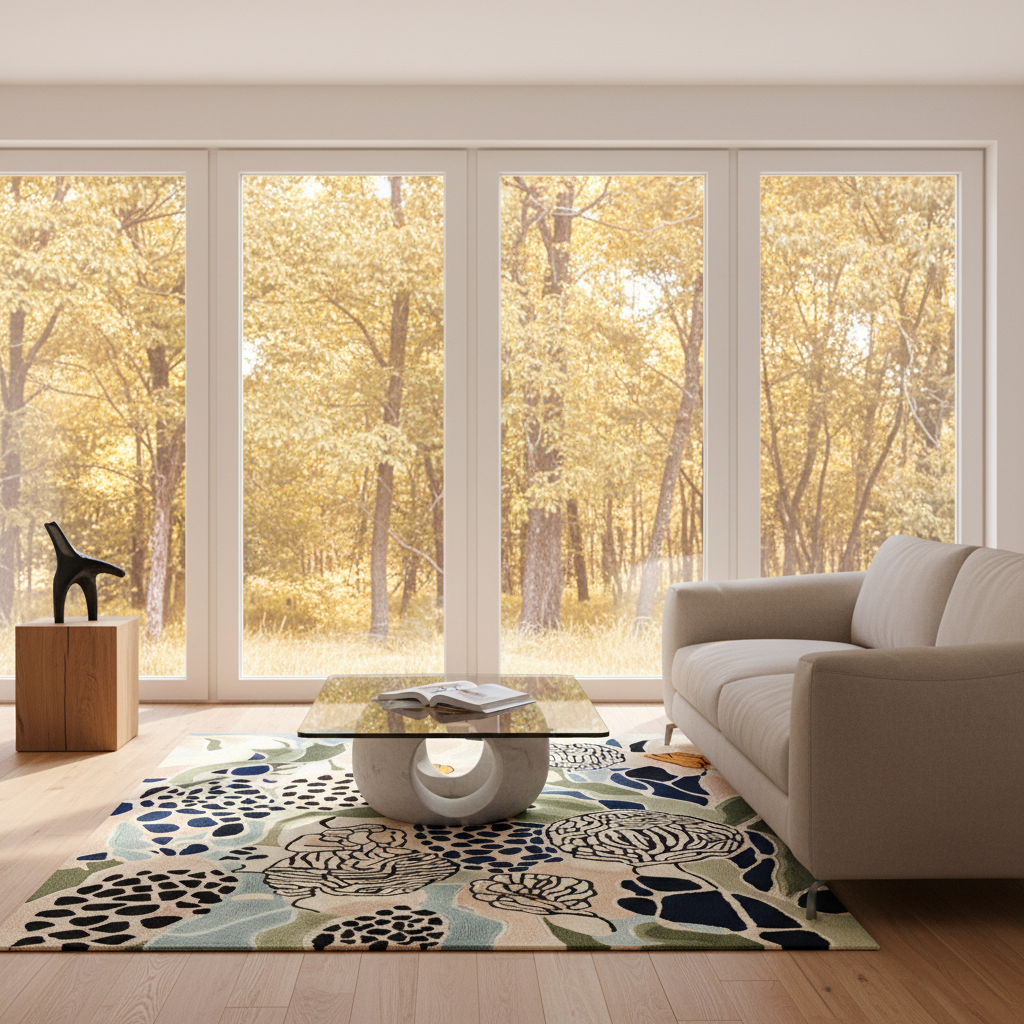 A modern living room with a large patterned area rug, a beige sofa, and a glass-top coffee table, set against a backdrop of tall windows showing a golden autumn forest view.