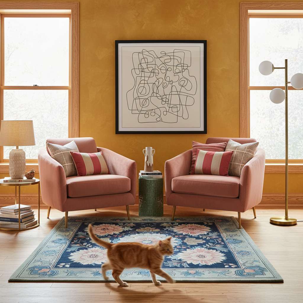A styled living room scene with two blush pink armchairs, striped pillows, a blue patterned area rug, a ginger cat walking across the rug, and a large framed abstract line drawing on a mustard-yellow wall.