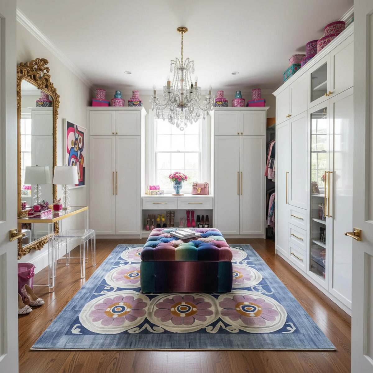 Colorful ottoman on a floral rug in a stylish room with white cabinets and a chandelier.