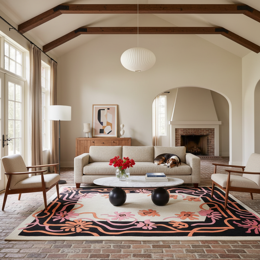 A styled living room interior with a beige sofa, two mid-century armchairs, a round coffee table, a large floral area rug, brick flooring, exposed wood ceiling beams, and a fireplace in the background.