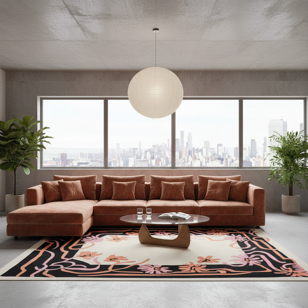 A modern sectional sofa in a warm rust-brown color, styled in a contemporary loft living room with a large floral area rug, a low wooden coffee table, and a large spherical pendant light. The room features a concrete ceiling and floor, large windows with a city skyline view, and potted plants.