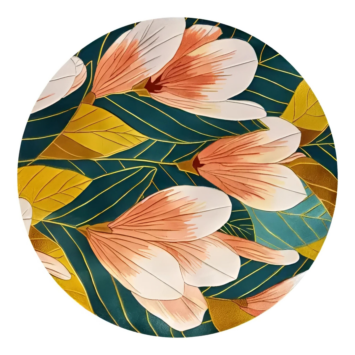 A round decorative plate featuring a botanical pattern of peach and white magnolia flowers with gold and teal leaves on a white background.