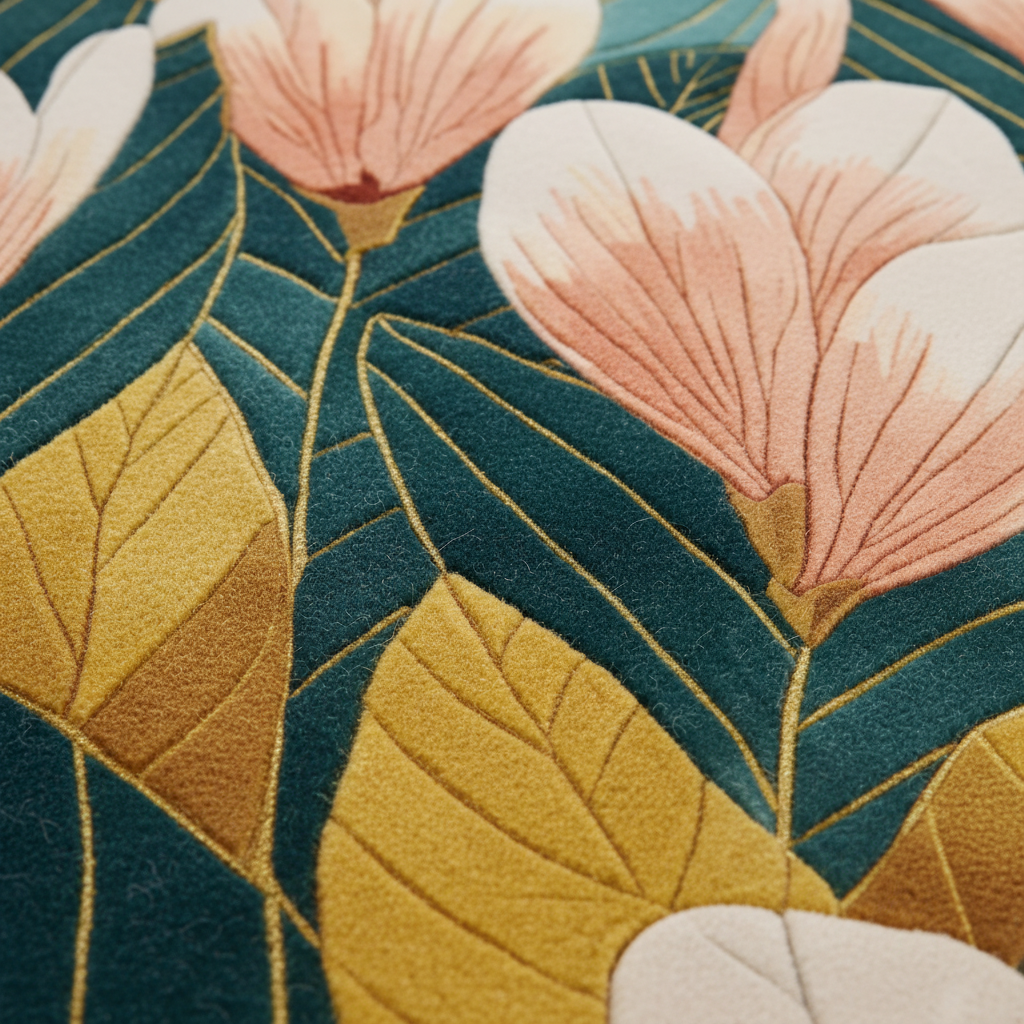 A close-up of a textured fabric or wallpaper featuring a botanical pattern with large blush pink flowers, mustard yellow leaves, and a dark teal background.