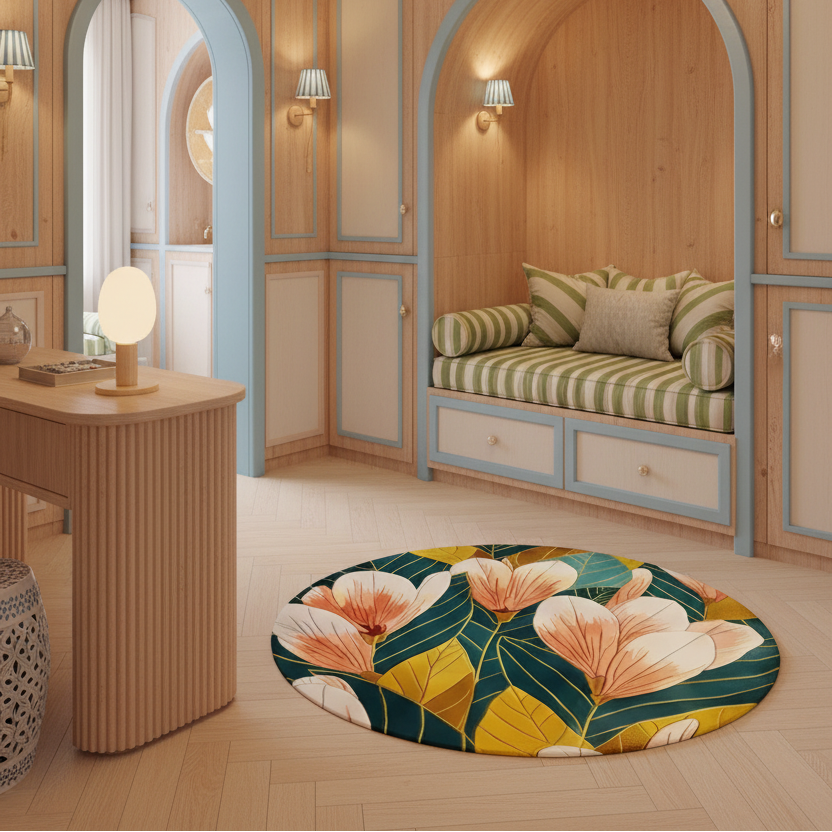 A round area rug with a bold tropical floral pattern in yellow, green, and cream, styled on a light wood floor in a cozy, modern boho-style room with wooden walls, arches, and a built-in daybed.