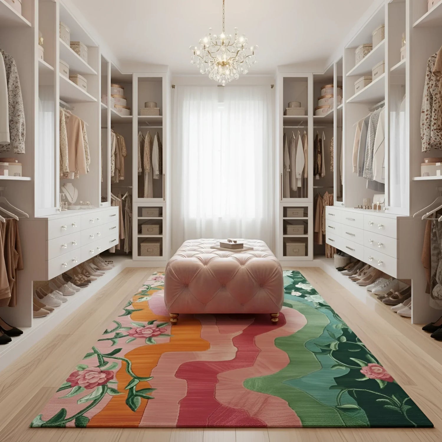 Modern walk-in closet with colorful rug and pink ottoman