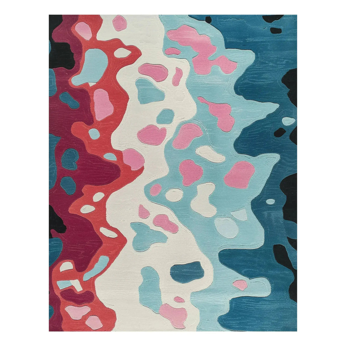 Flow State Hand Tufted Rug showcasing an abstract, colorful design with vibrant hues of blue, red, pink, and white. Perfect as an area rug for large living rooms or under a dining table, this contemporary wool rug brings a modern touch to any dining room or living room setting.