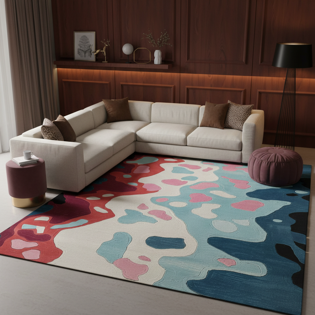 A modern abstract area rug with a multicolor design in shades of blue, pink, red, and beige, styled in a contemporary living room setting with a cream sectional sofa and dark wood paneling.