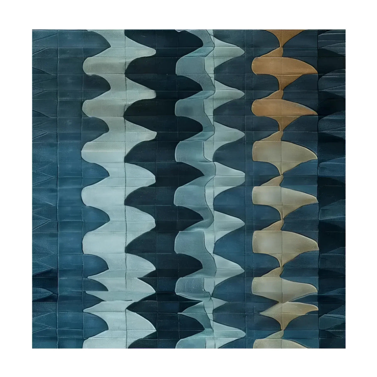 Fluid Motion hand tufted rug with wavy blue and teal bands and a golden ripple accent