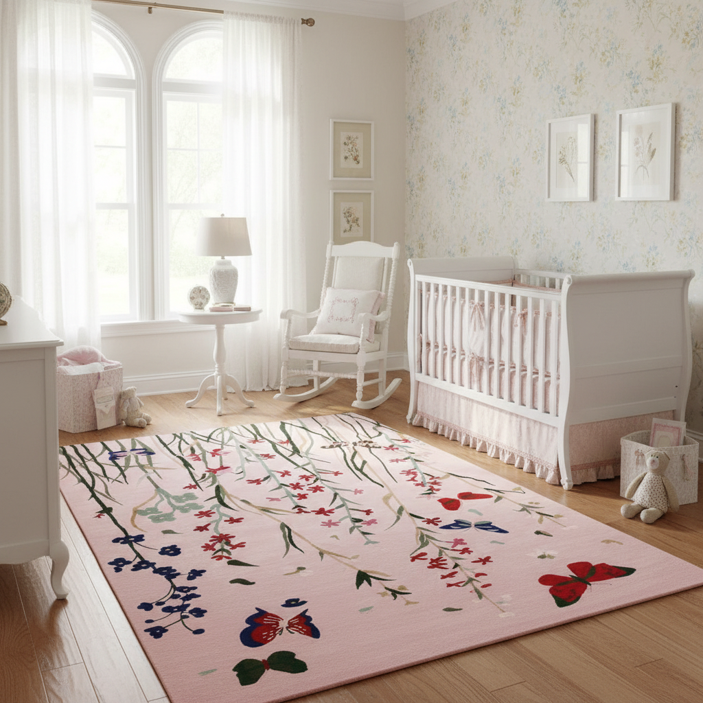 Nursery room with a floral rug, white crib, and rocking chair.