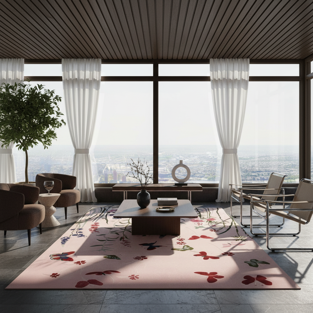 A modern living room interior with a large pink rug featuring a red and multicolor butterfly pattern, styled with a wooden coffee table, minimalist chairs, sheer white curtains, and a panoramic city view through floor-to-ceiling windows.