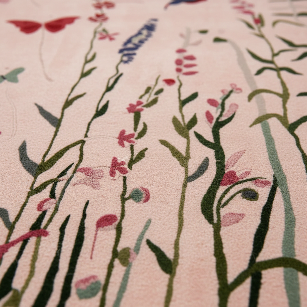 A close-up of a soft pink textile or rug featuring a botanical pattern with green stems, pink and red flowers, and a small blue flower.