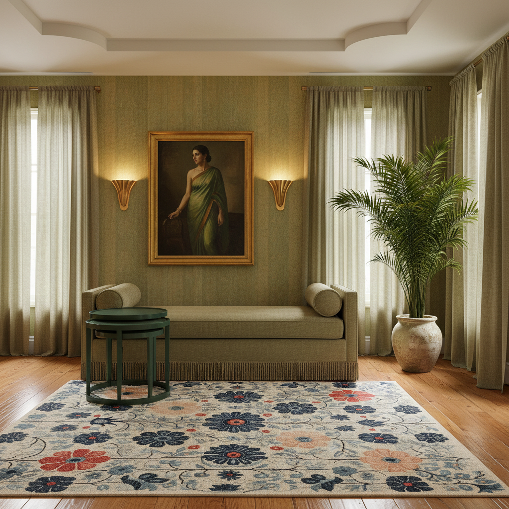 A styled interior room with a framed painting of a woman on a green wall above a beige chaise lounge, flanked by two green side tables, a large potted palm, and a floral area rug on a wood floor.