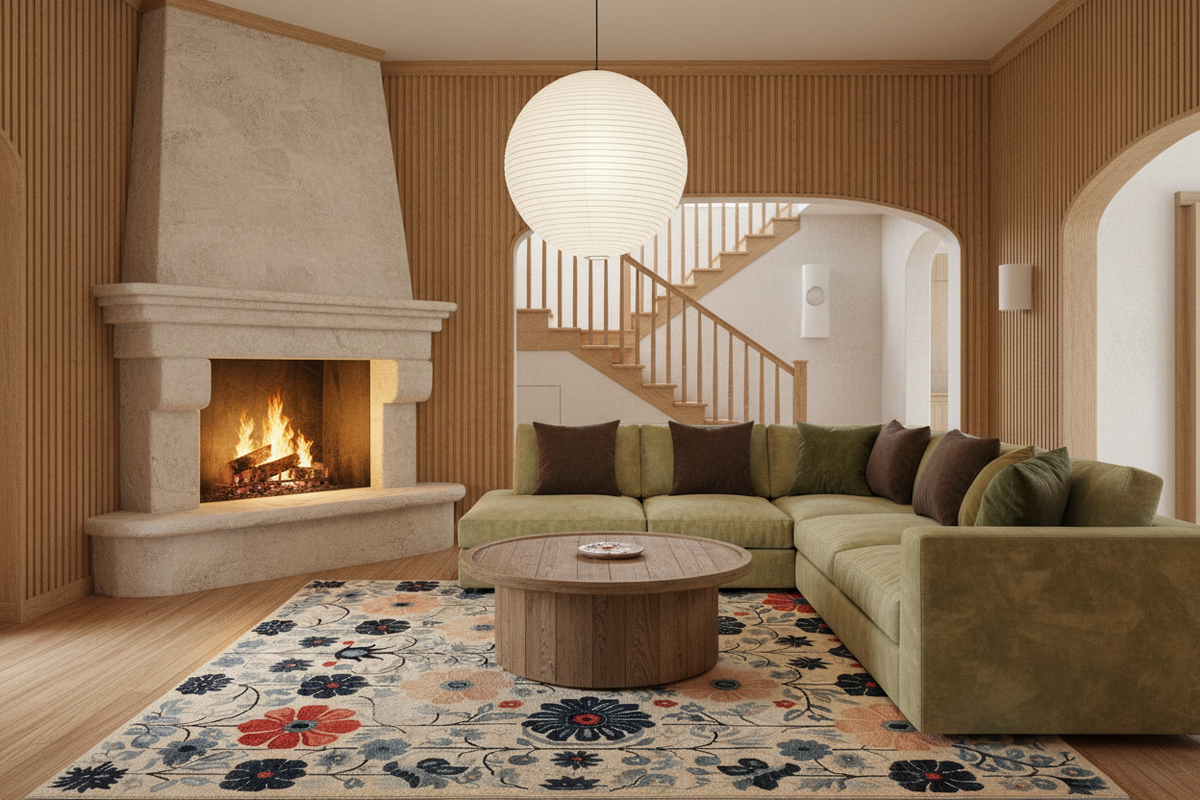 A styled living room featuring a large sage green sectional sofa, a round wooden coffee table, a floral area rug, a stone fireplace with a lit fire, and a white spherical pendant light.