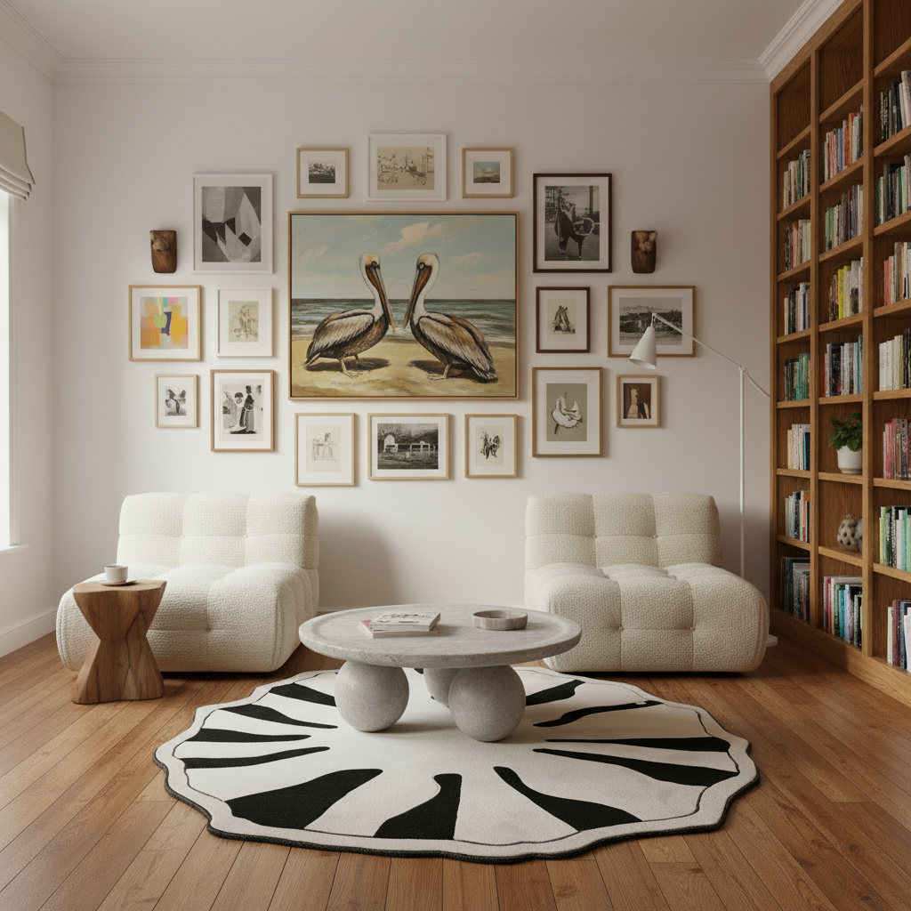 A styled living room interior with two cream boucle armchairs, a round stone coffee table, a black-and-white patterned rug, and a large wall gallery featuring a central painting of two pelicans. A tall wooden bookshelf fills the right side, and the room has light wood flooring and off-white walls.