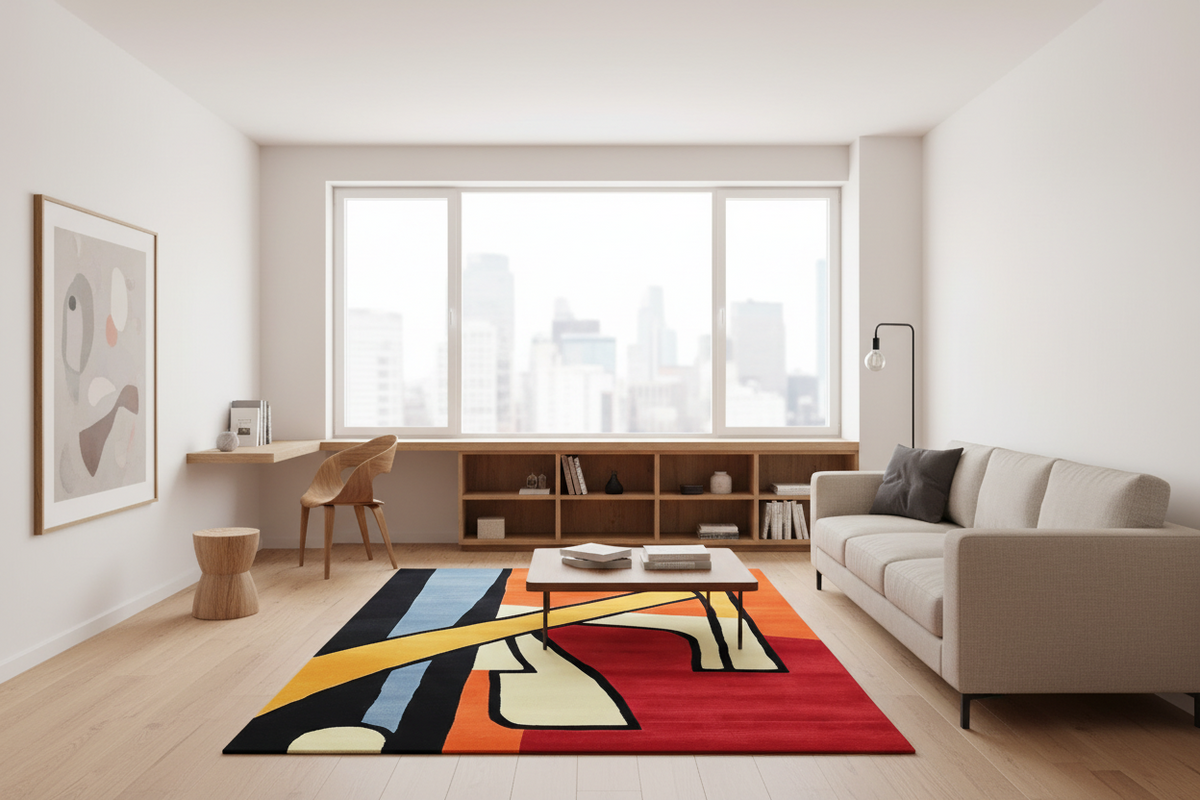 A modern living room with a large abstract area rug featuring bold blocks of red, orange, yellow, black, blue, and cream. The room includes a light beige sofa, a low wooden coffee table, a built-in bookshelf under a large window, and a minimalist desk setup on the left.