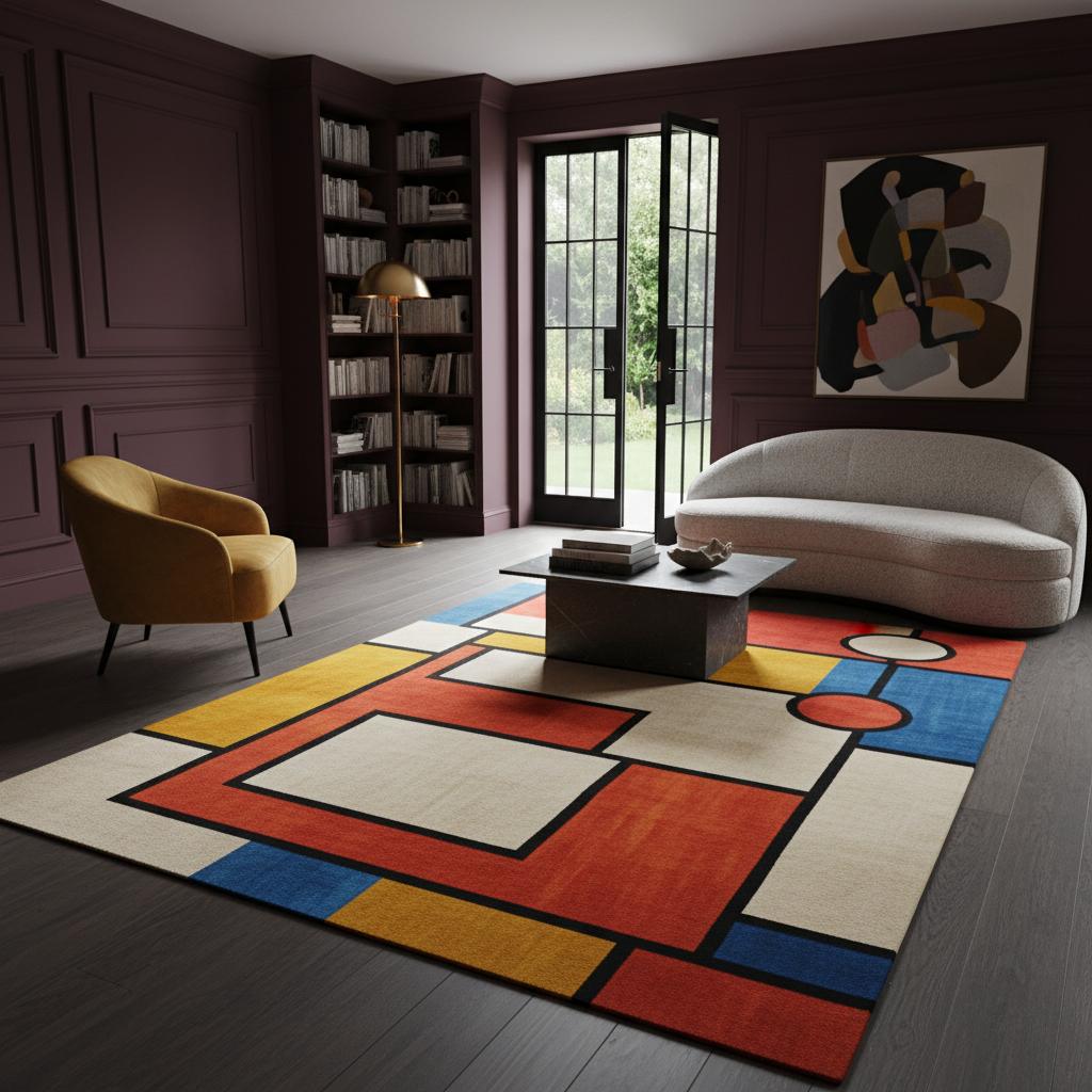 A large area rug with a bold geometric, mid-century modern design in red, blue, yellow, and cream, styled in a dark, elegant living room with a sofa, armchair, and coffee table.