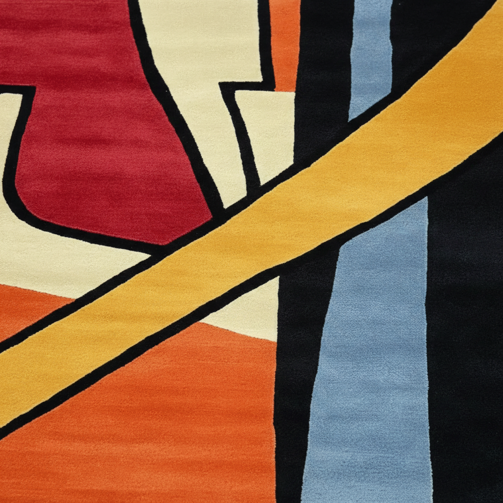 Abstract geometric patterned textile close-up with bold blocks of red, cream, orange, yellow, black, and light blue separated by thick black lines.