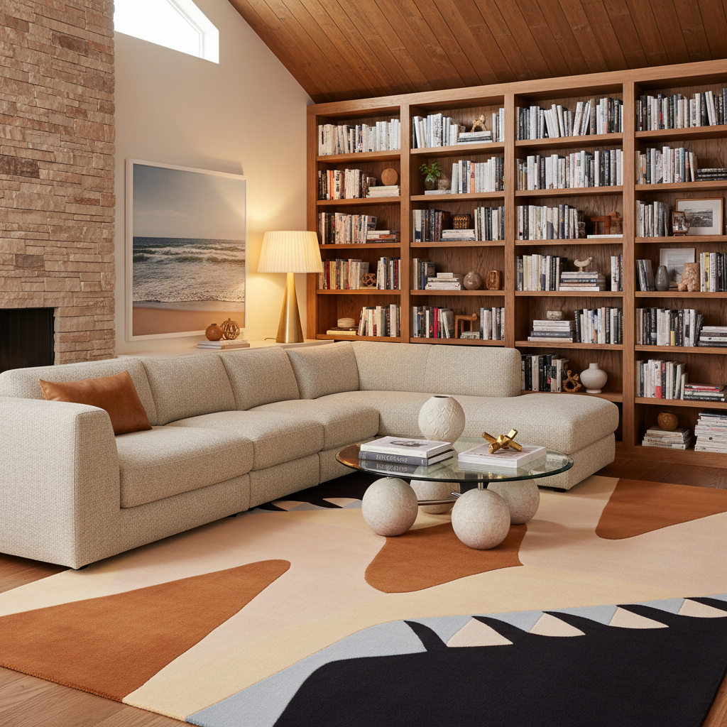 A modern living room featuring a light beige sectional sofa, a large built-in wooden bookshelf filled with books, a geometric patterned area rug, and a glass-top coffee table.