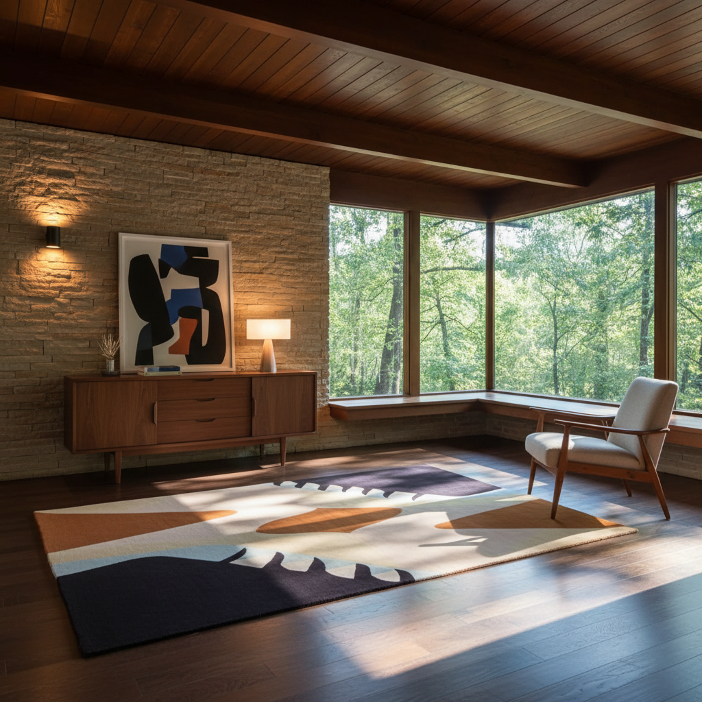 A large abstract area rug in beige, brown, navy, and cream tones is styled in a mid-century modern living room with hardwood floors, a stone wall, and large windows overlooking a forest.