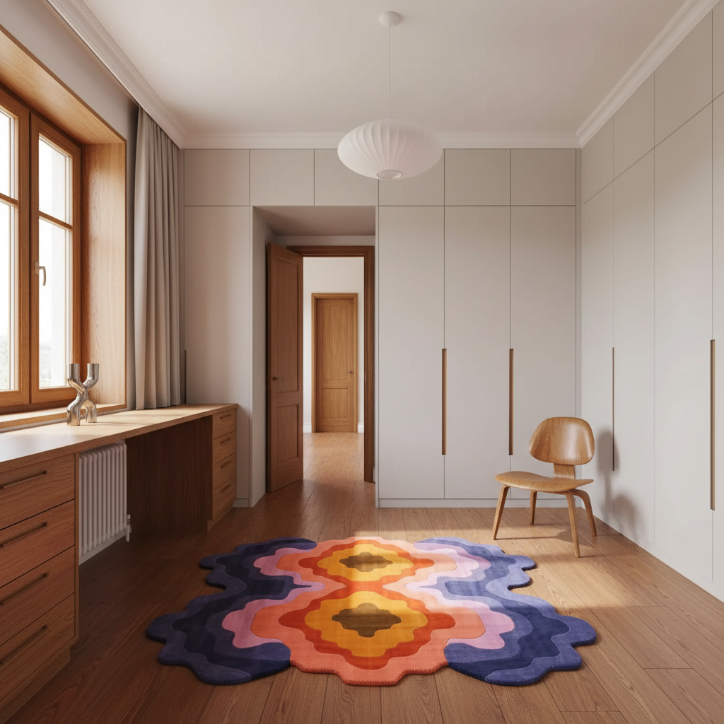 A colorful, abstract-shaped area rug with a wavy, scalloped pattern in shades of blue, purple, pink, orange, and yellow, placed on a light wood floor in a modern, minimalist room with beige walls and a wooden chair.