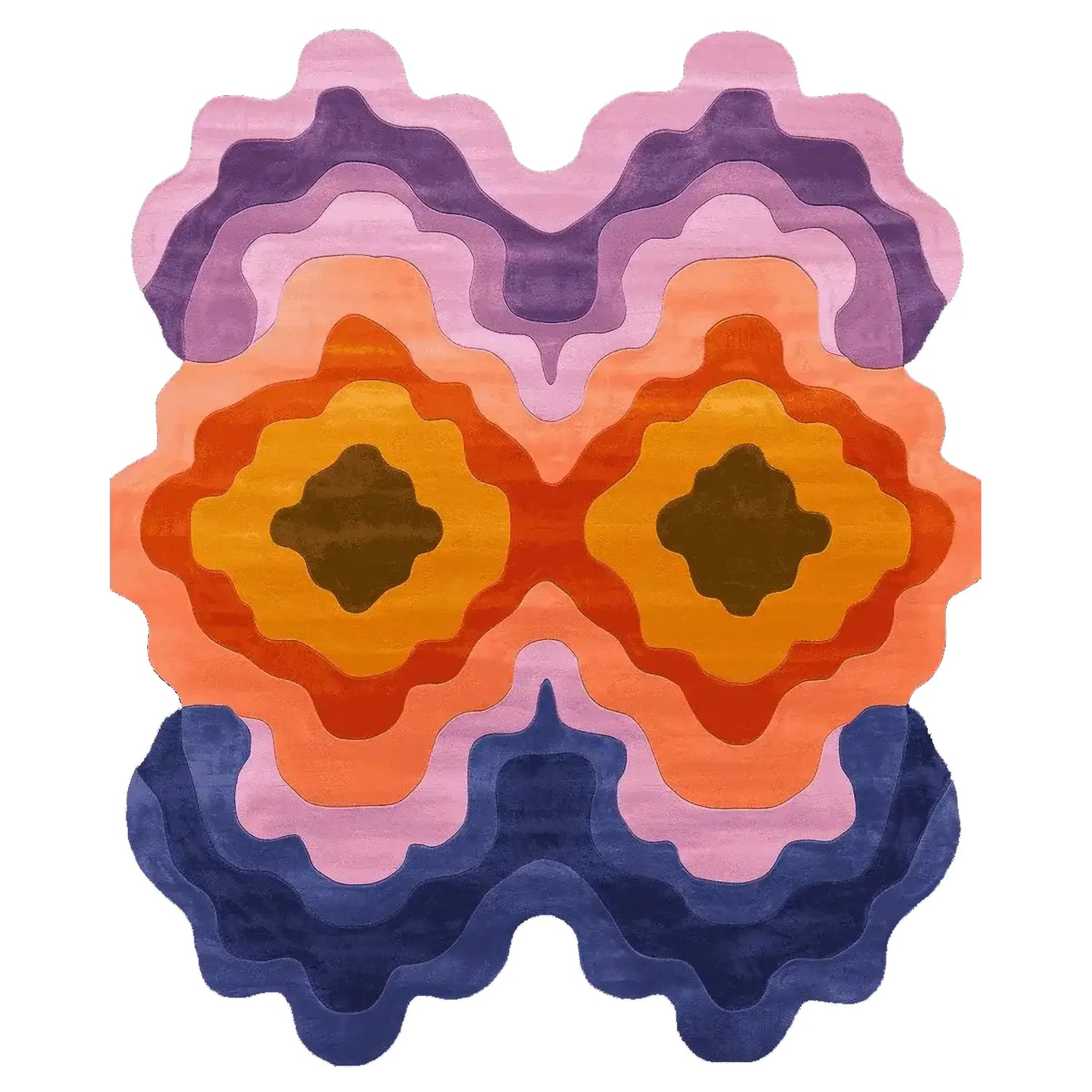Top view of the Formations Flow Hand Tufted Area Rug showcasing a vibrant, abstract design with layered waves in shades of purple, orange, and pink. This contemporary wool rug is perfect for adding a splash of color to any living room, especially in an 8x10 size.