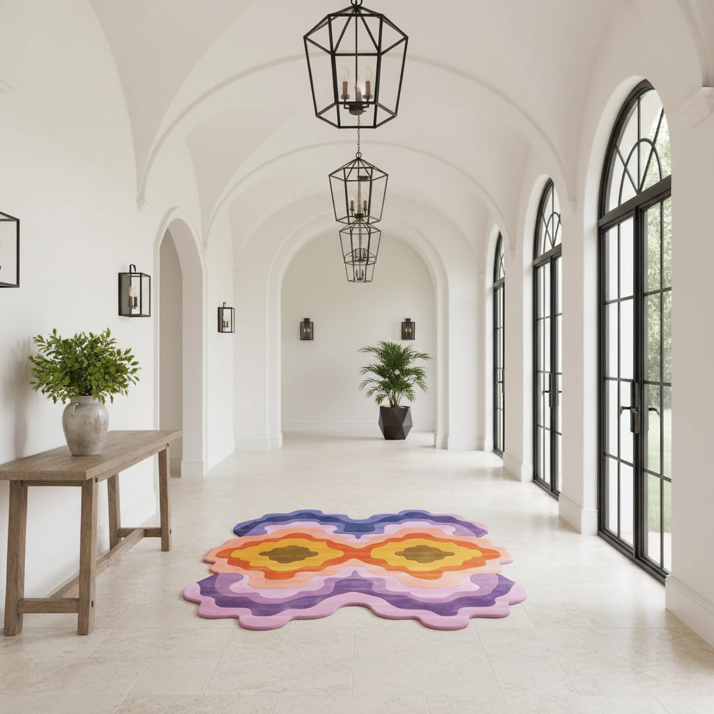 A colorful, scalloped area rug with a wavy, butterfly-like pattern in purple, pink, orange, yellow, and blue, displayed on a light stone floor in a bright, modern arched hallway with black metal lanterns and potted plants.